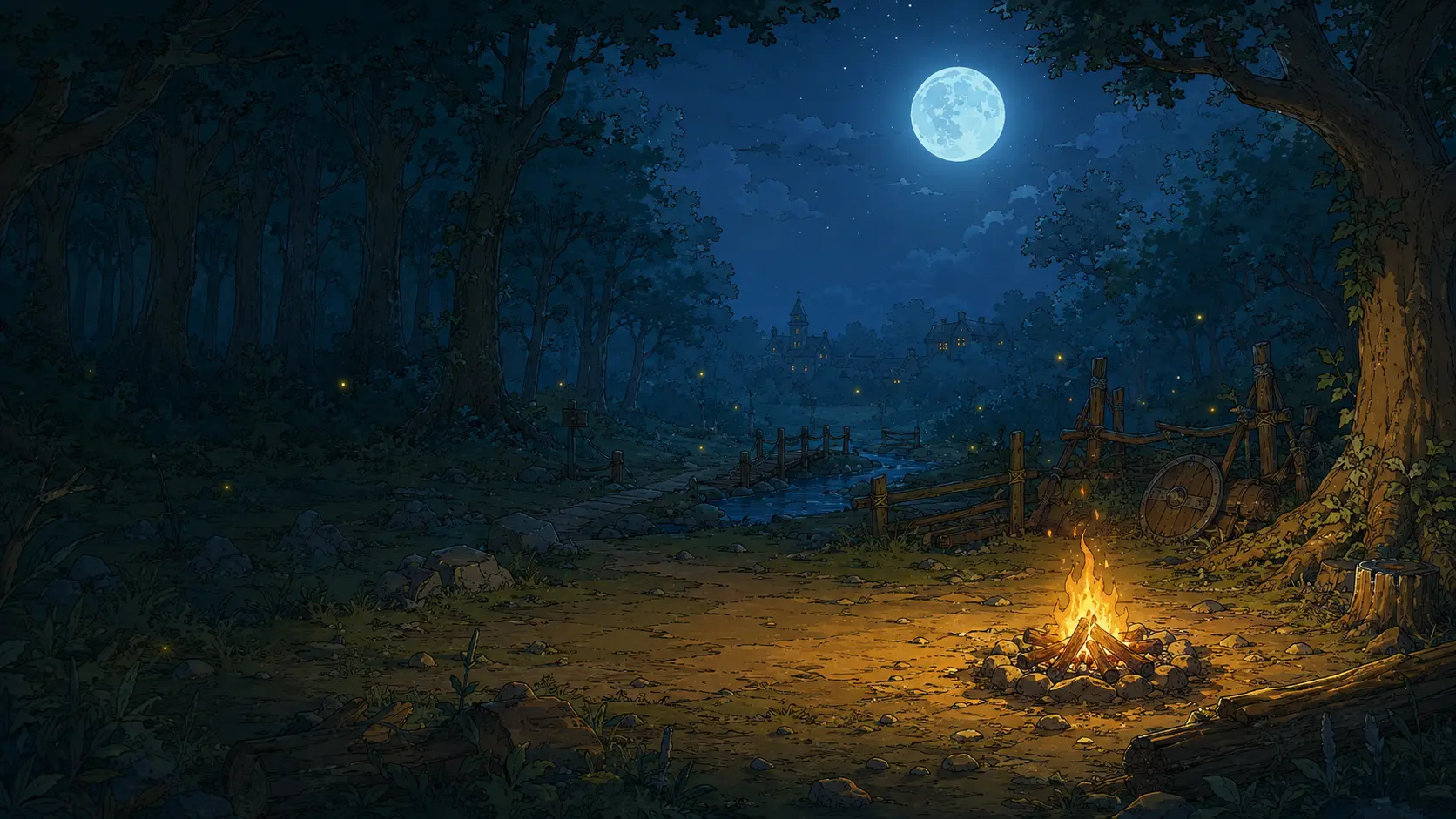 A moonlit forest clearing with a campfire